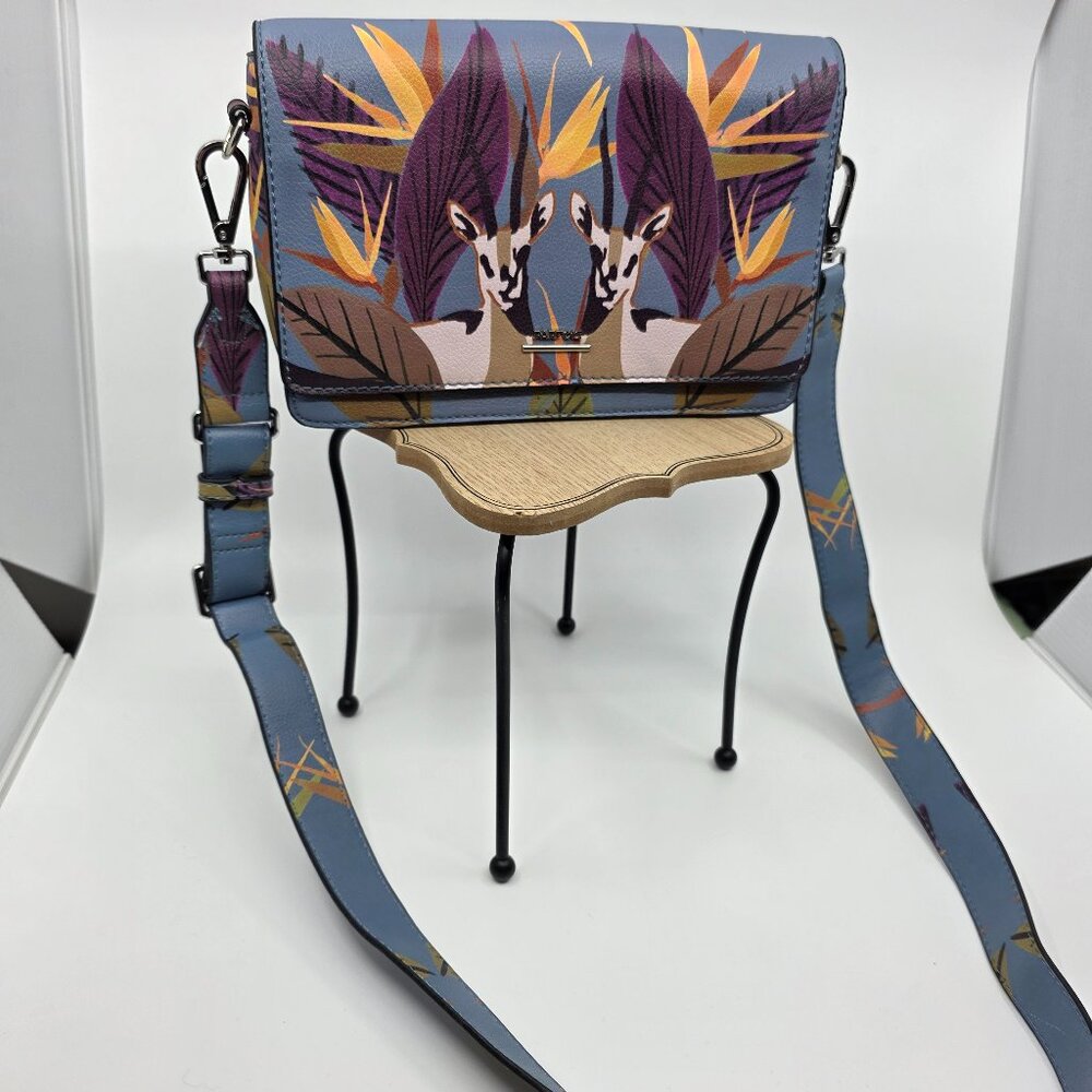 PARFOIS Tropical Bird of Paradise & Antelope Print Slate Blue Crossbody Bag